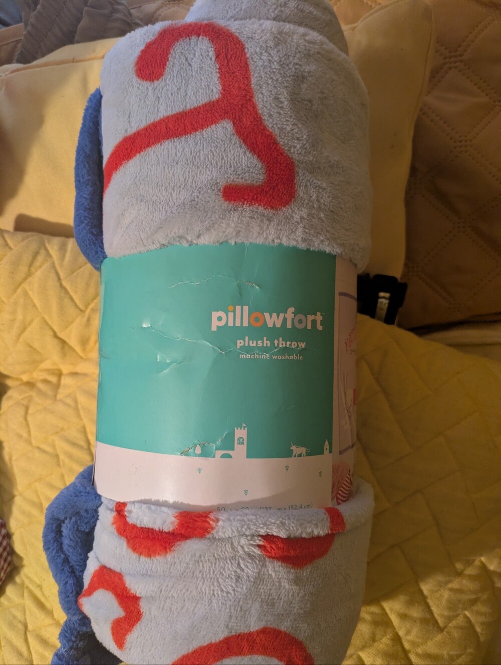 pillowfort Plush Throw Blanket - Light Gray with Red Accents